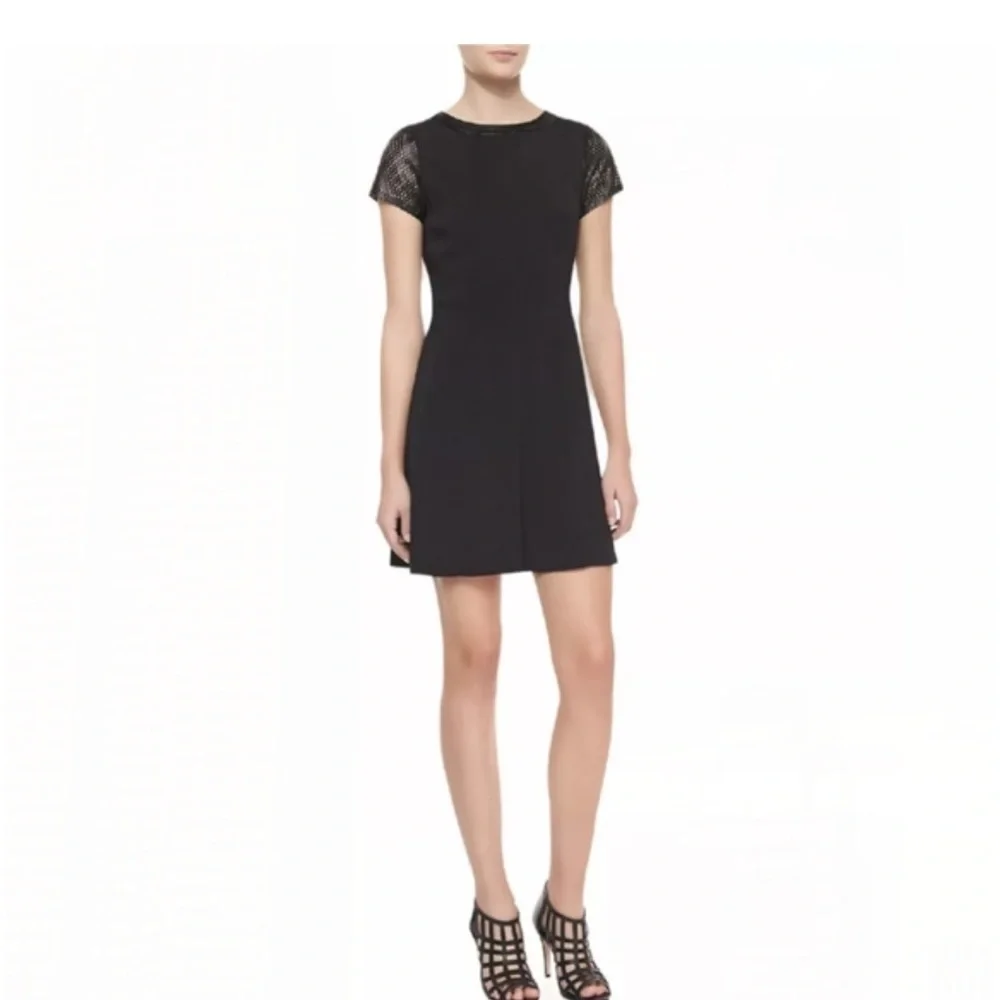 Rebecca Taylor A-line Leather Crew Neck And Laser Cut Sleeves Mini Dress Size 10